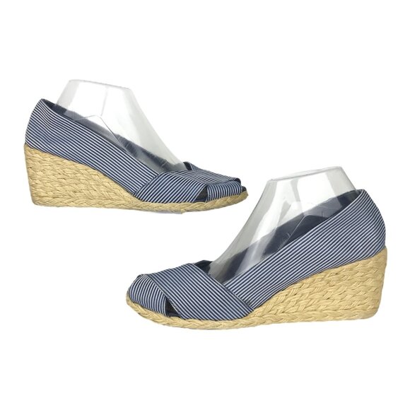 Lauren Ralph Lauren 9 Cecilia Espadrille Wedge Heel Peep Toe Blue White Striped - Picture 2 of 9